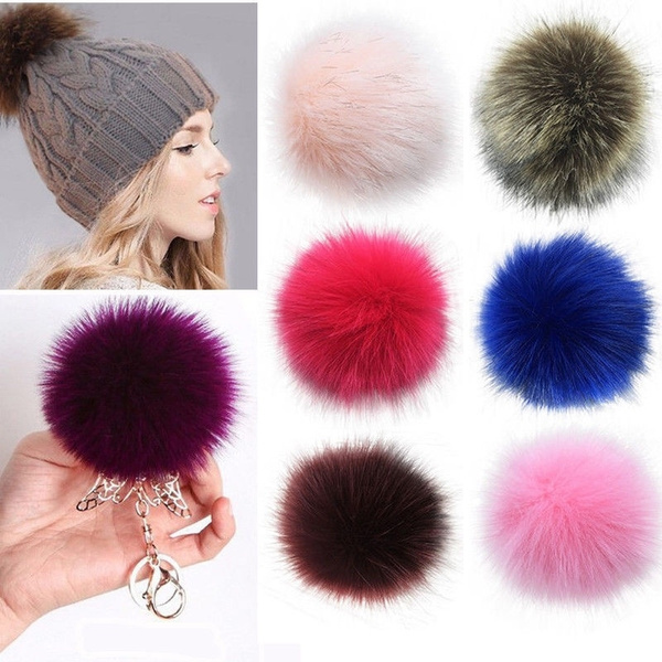 Women 10/12cm Large Faux Raccoon Fur Pom Pom Ball with Press Button /  Elastic Rope for Knitting Hat Keychain Pendant